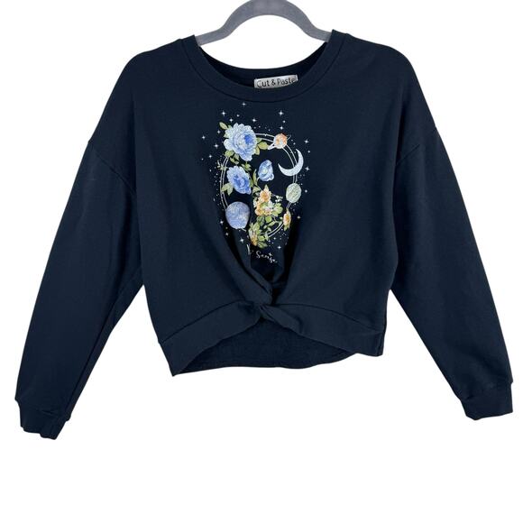 Cut & Paste Black Floral Astrology Planets Cropped Pullover Sweatshirt Size M - Picture 1 of 5